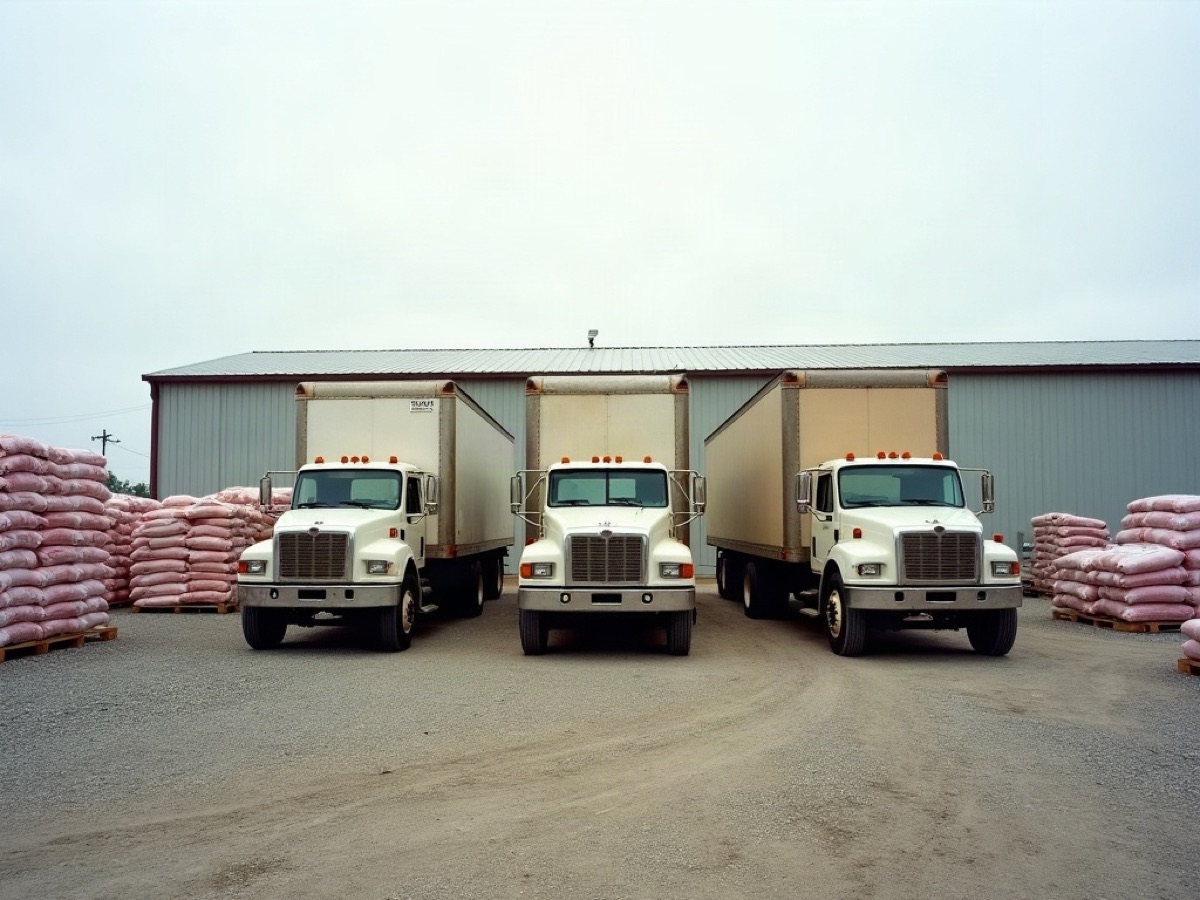 Box trucks parked in a yard beside pallets of building materials