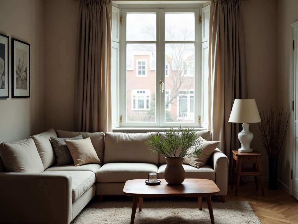 Furnished living room with an oak table, linen sofa, and a ceramic lamp
