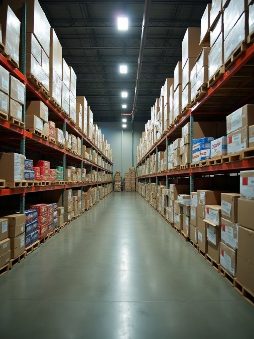 Warehouse aisle stacked with cases of everyday household goods