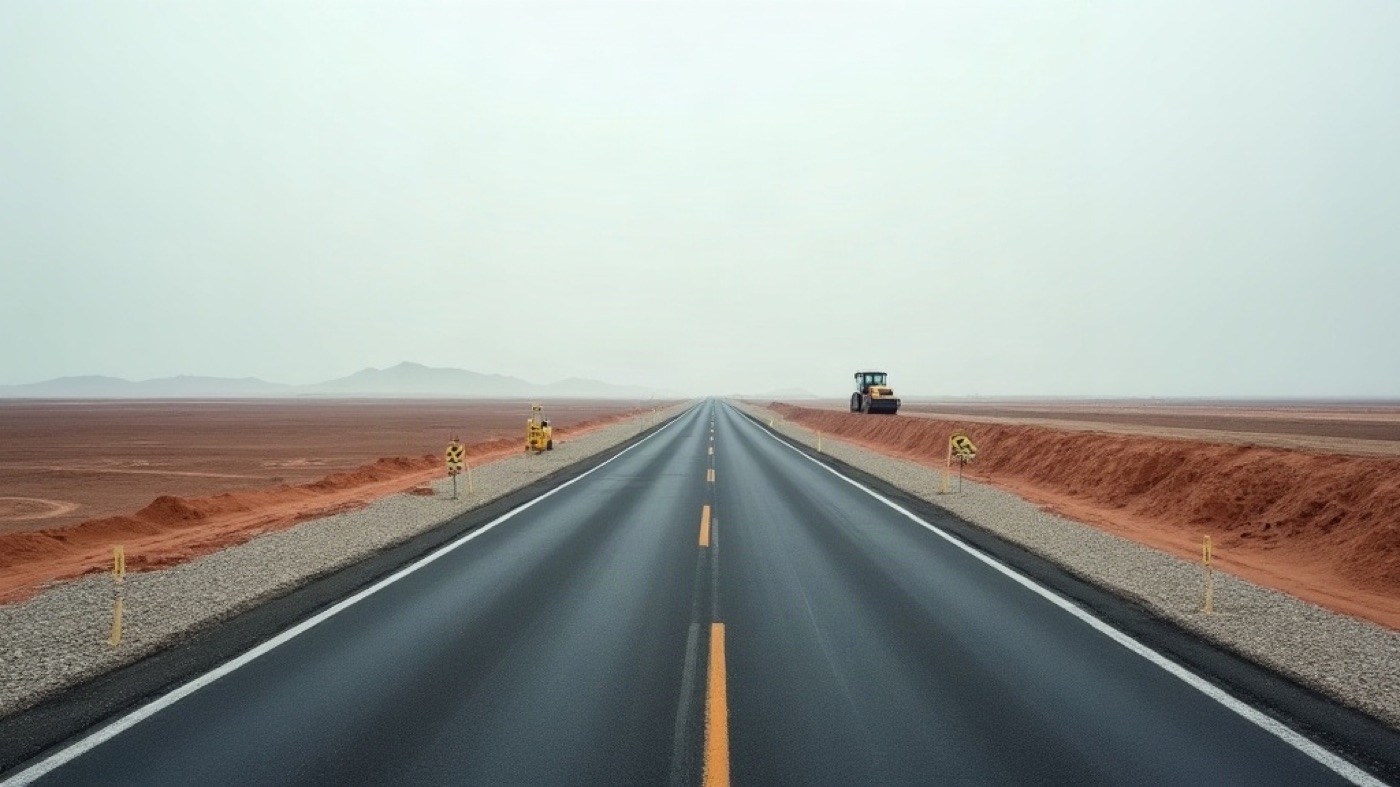 Fresh asphalt on a two-lane highway with gravel shoulders